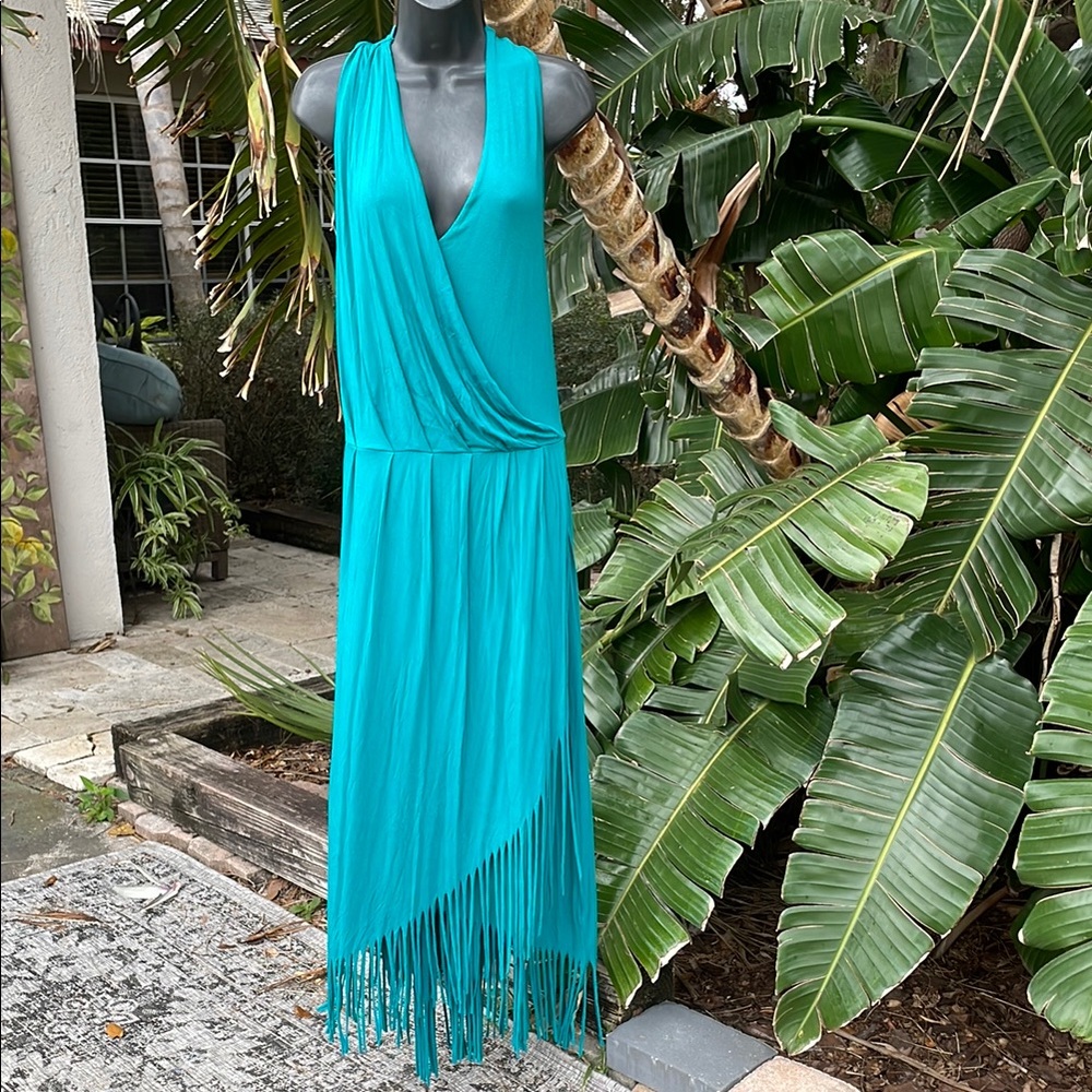 Boston proper wrap style asymmetric fringe maxi dress